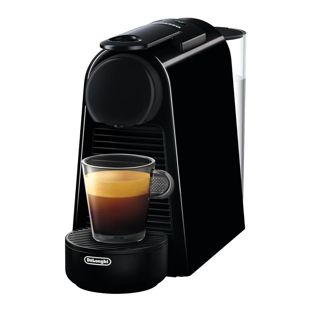 Nespresso Essenza Mini EN85.B Black - angled product view with espresso