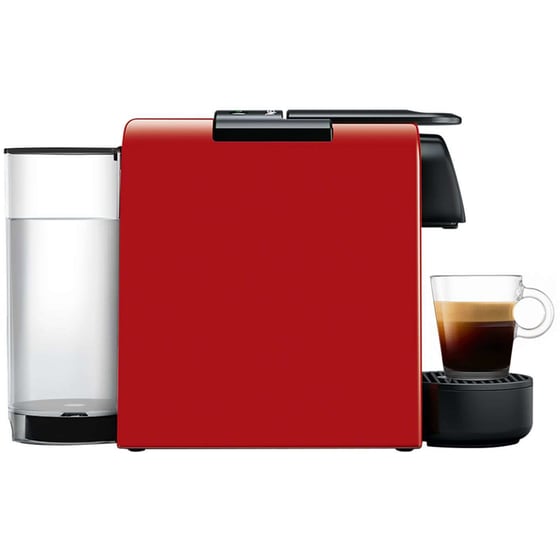 Nespresso Essenza Mini EN85R Red - side product view with espresso