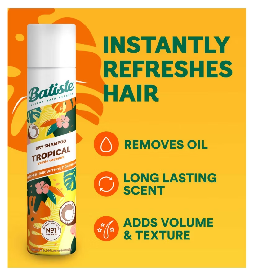 Batiste Dry Shampoo Tropical, Exotic Coconut Fragrance Dry Hair Shampoo.