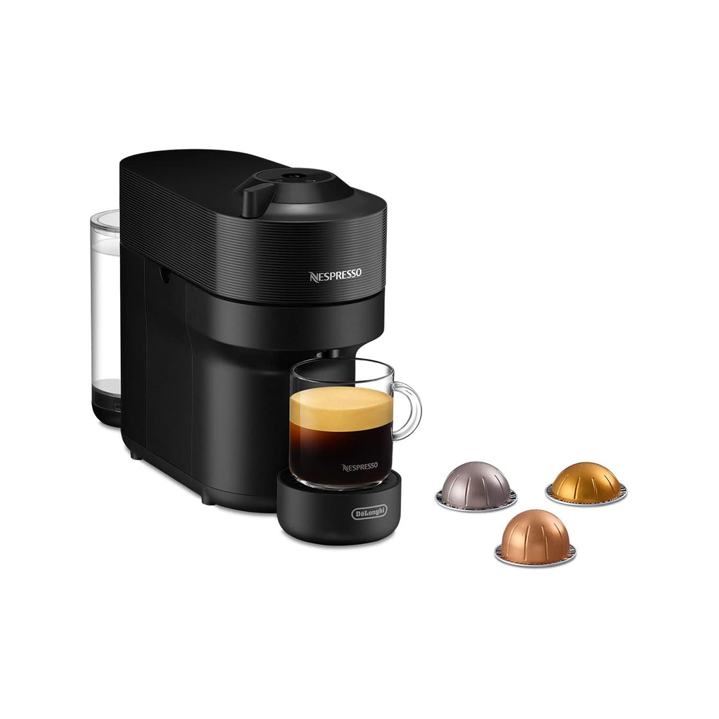 Nespresso Vertuo Pop ENV90B Black - angled product view with capsules