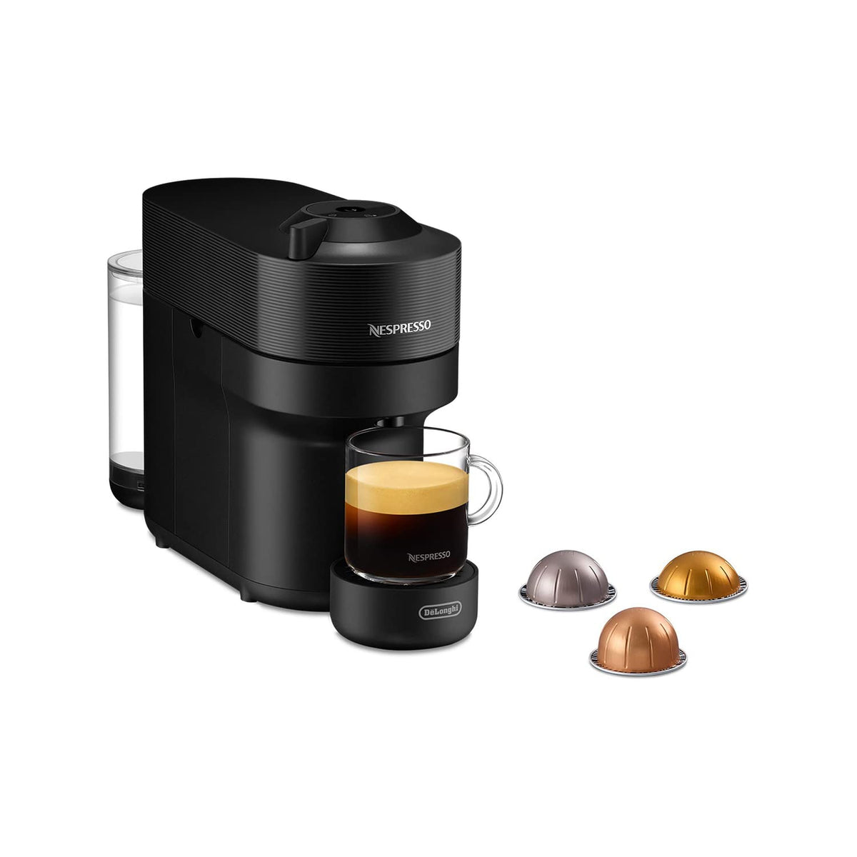 Nespresso Vertuo Pop ENV90B Black - angled product view with capsules