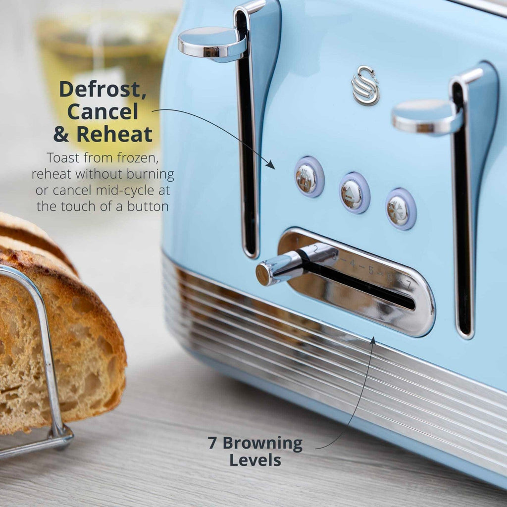 Swan Retro ST19029BLU 4-Slice Toaster – defrost reheat cancel controls