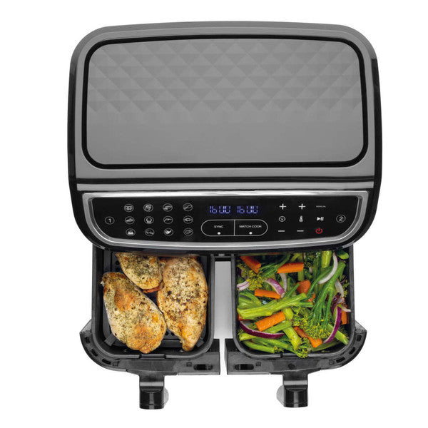 Salter EK6368 dual air fryer top view with chicken and vegetables