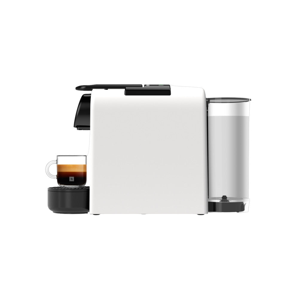 Nespresso Essenza Mini EN85.WMT Matt White - side product view with espresso