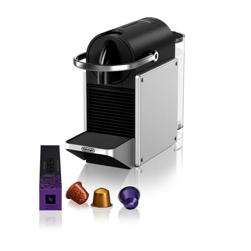 Nespresso Pixie EN127S Silver - angled product view with capsules