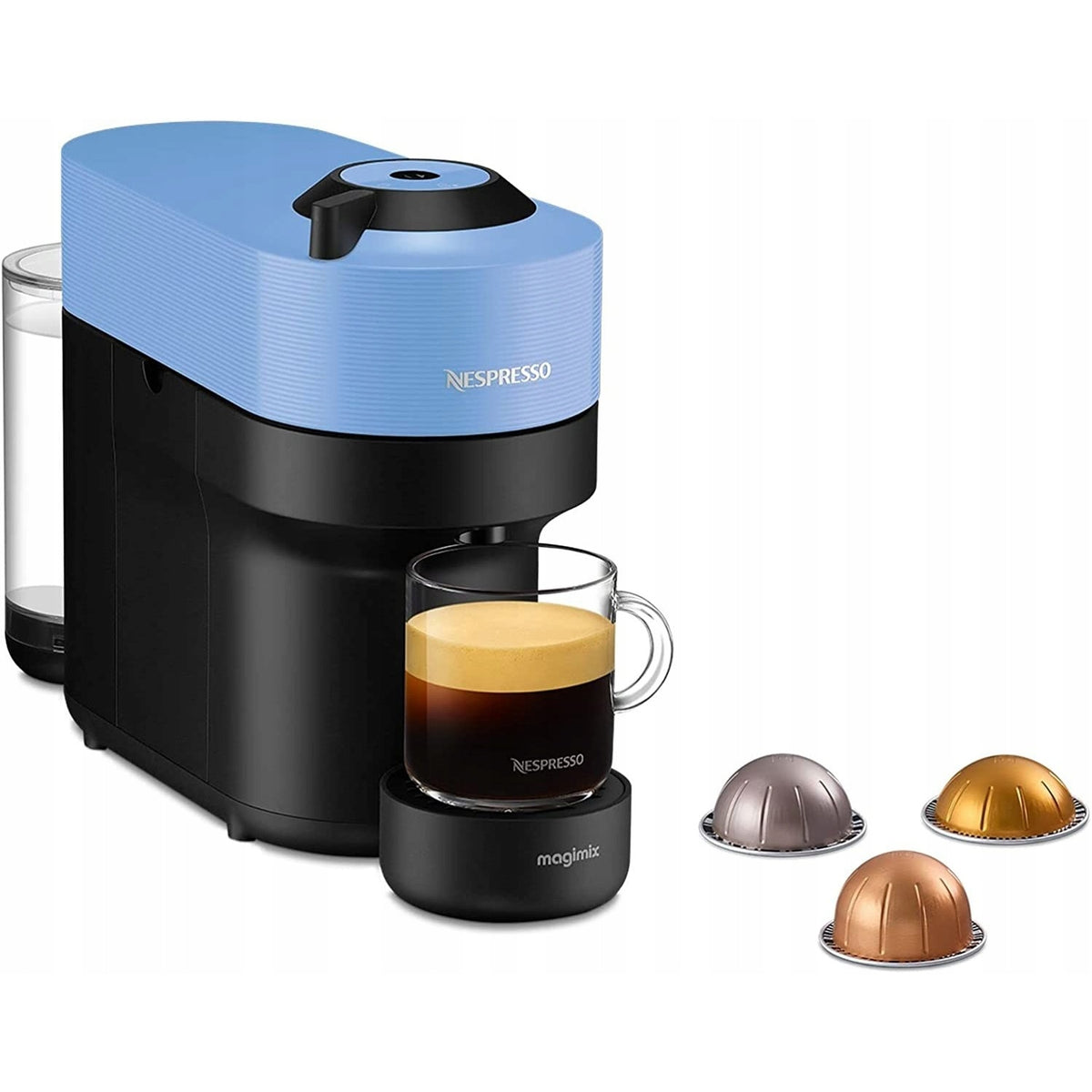 Nespresso Vertuo Pop ENV90A Pacific Blue - angled product view with capsules