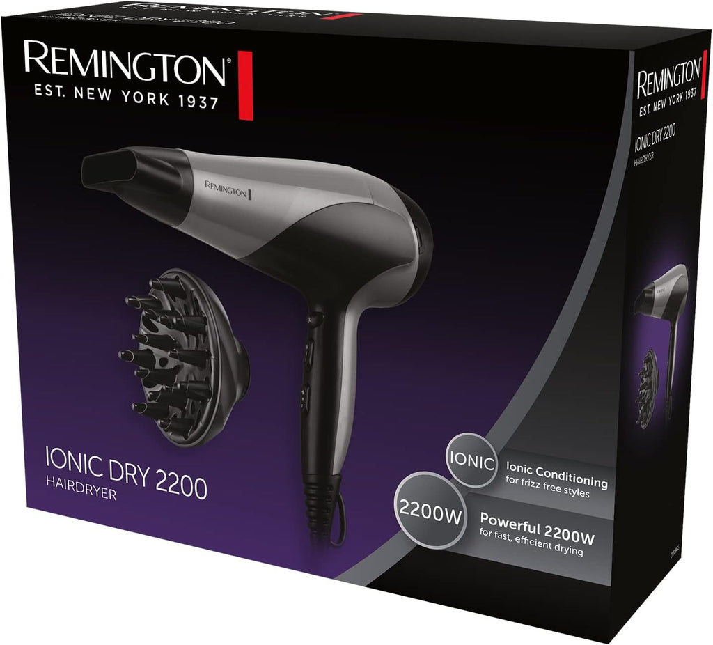 REMINGTON Ionic Dry 2200 D3190S Hair Dryer - Black and Silver