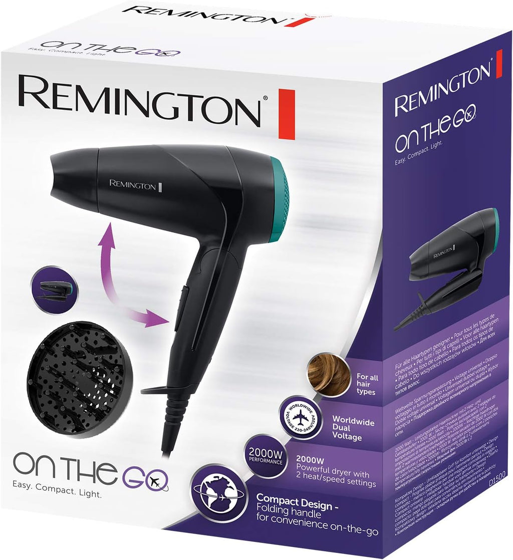 Remington On The Go 2000W Compact Hair Dryer, 2 Heat, 2 Speed, Foldable Handle for Travel