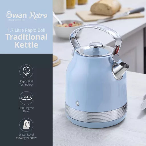 Swan Retro Traditional SK14631BLU 1.7L Kettle – Blue lifestyle view