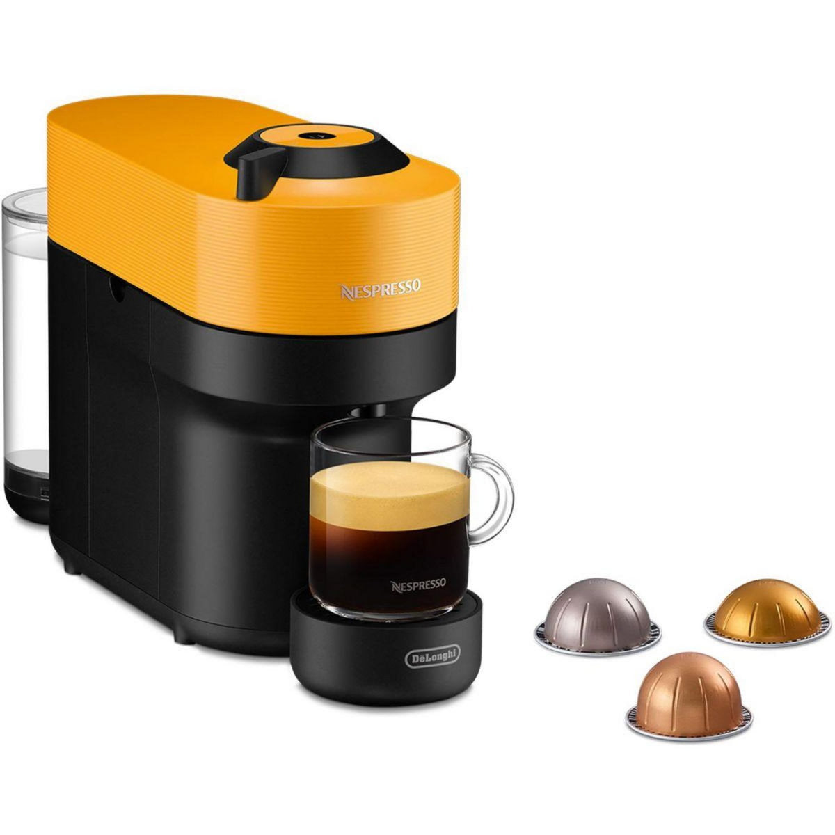 Nespresso Vertuo Pop ENV90Y Yellow & Black - angled product view with capsules