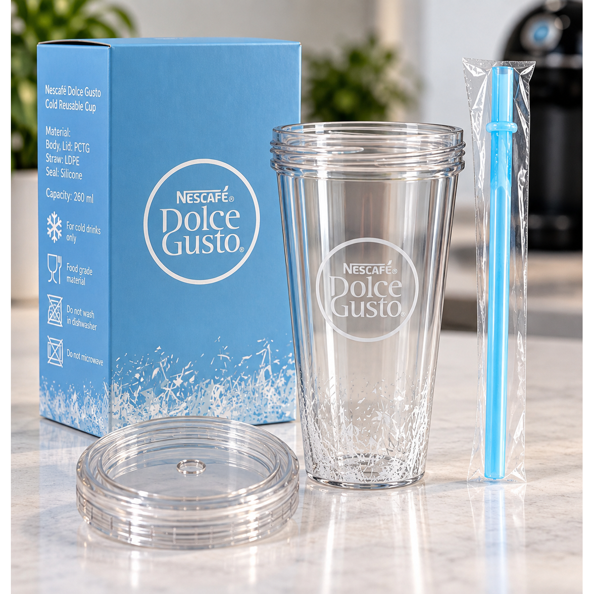 Nescafé Dolce Gusto Cold Reusable Cup 260ml with lid and blue straw