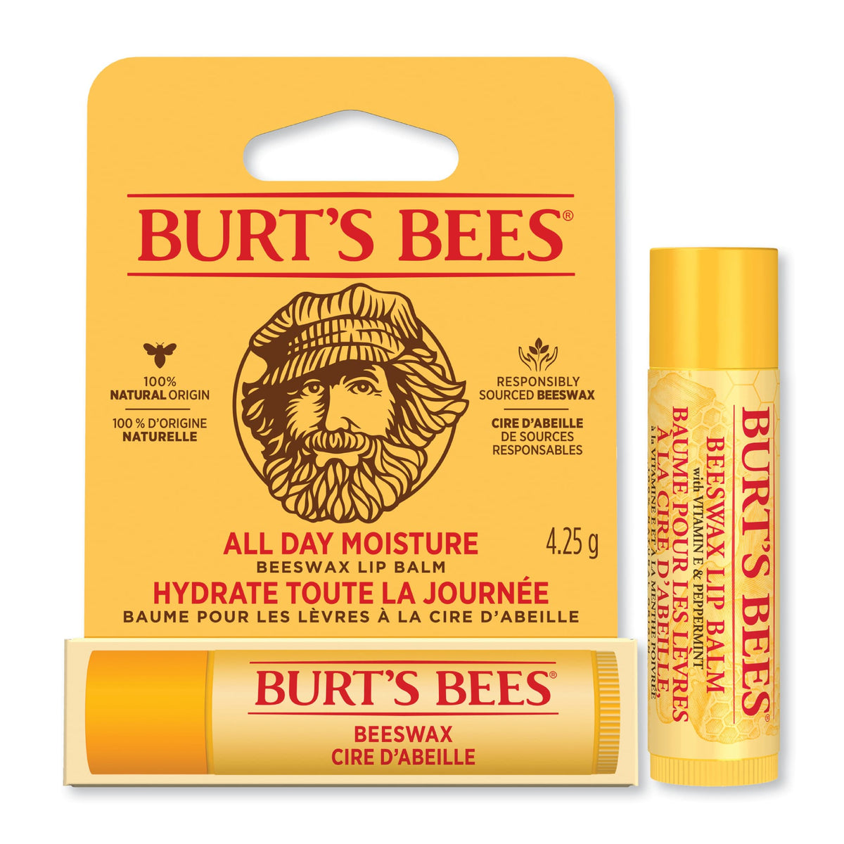 Burt's Bees Beeswax Lip Balm 4.25g front pack and lip balm stick